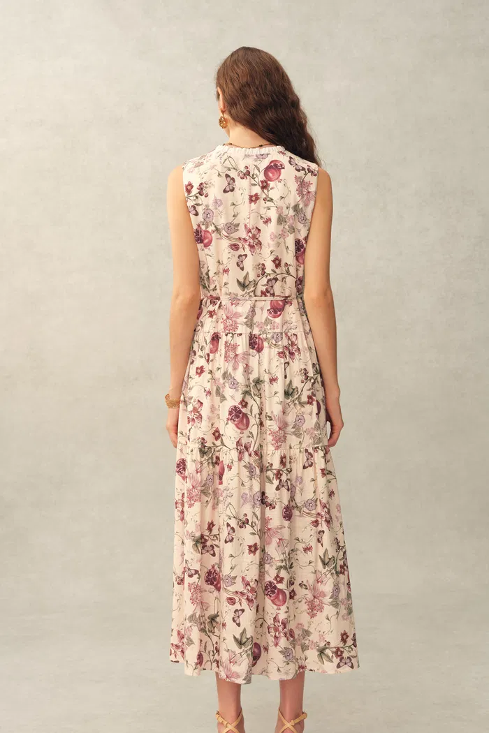 Liana Printed Pomegranate Floral Tiered Dress in Linen Blend - Image 4