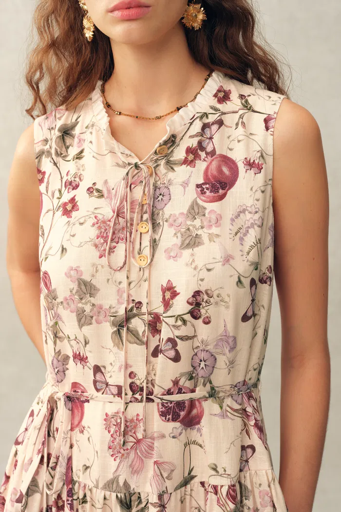 Liana Printed Pomegranate Floral Tiered Dress in Linen Blend - Image 5