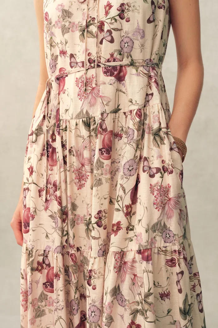 Liana Printed Pomegranate Floral Tiered Dress in Linen Blend - Image 6
