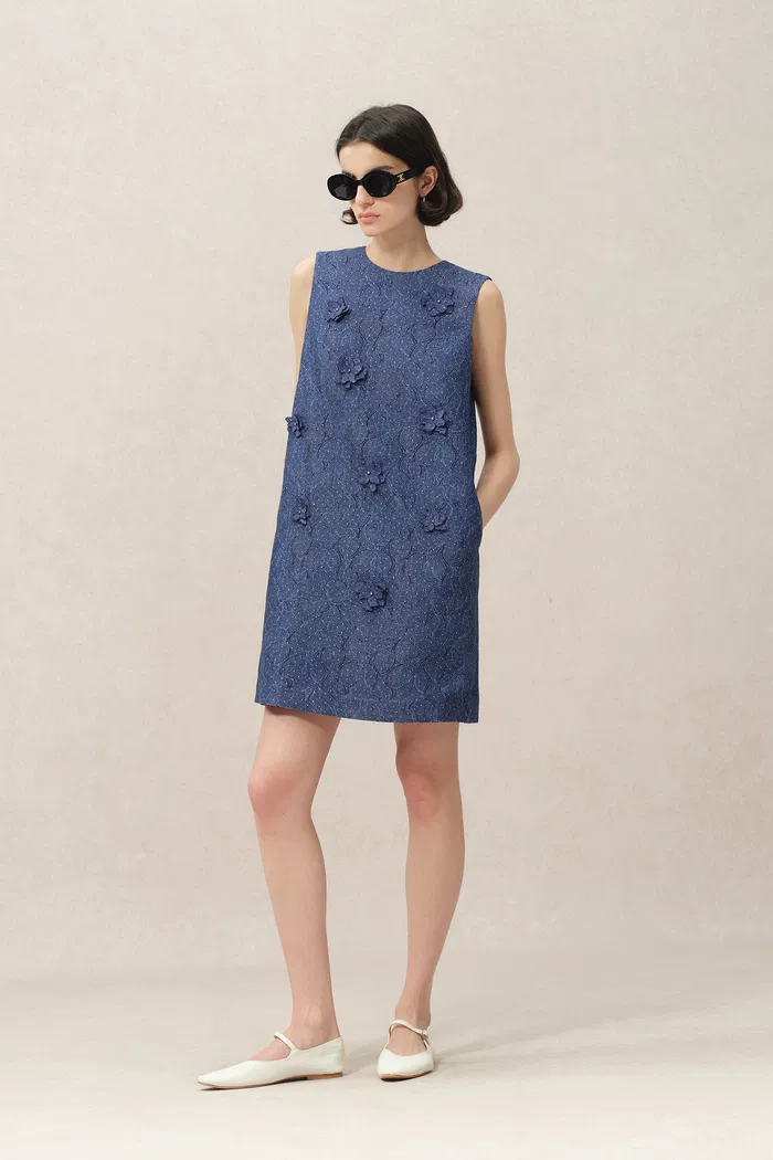 Lila Textured Sleeveless Short Dress in Imported Korean Metallic Lace - Image 3
