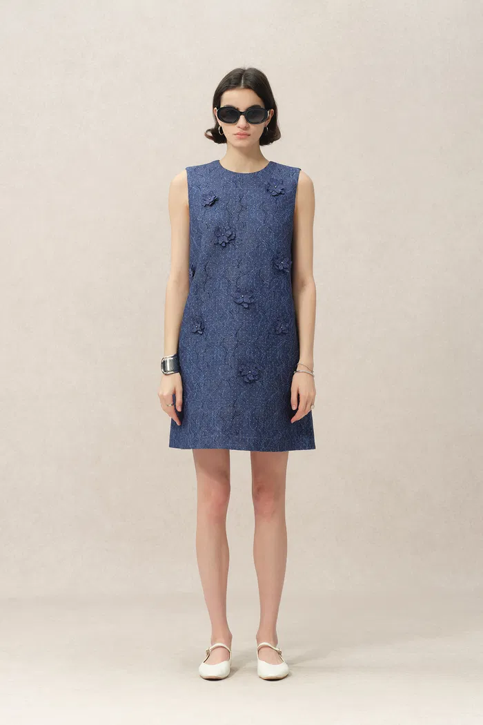 Lila Textured Sleeveless Short Dress in Imported Korean Metallic Lace - Image 4