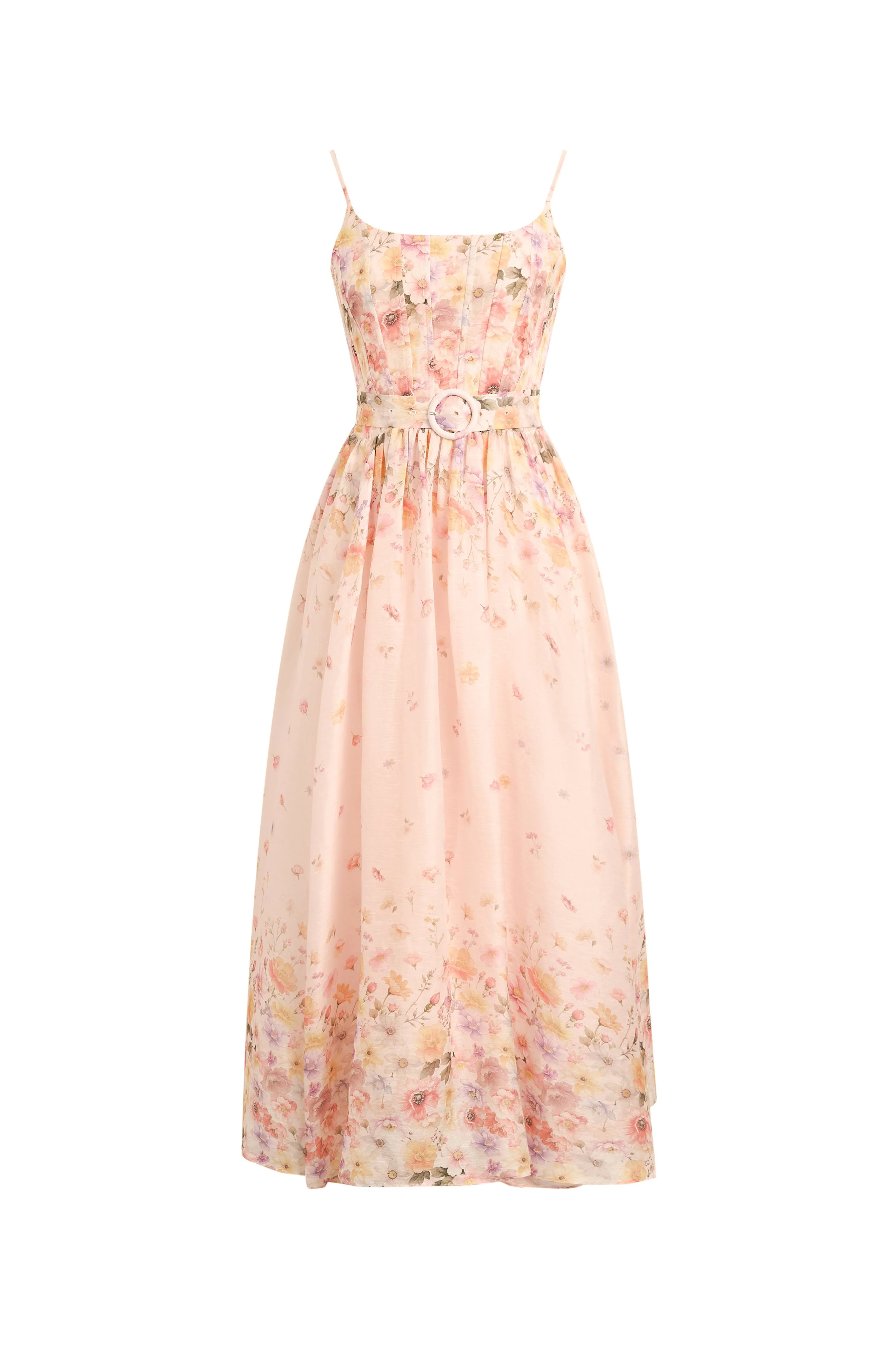 Lilac Handpainted Floral Smocked Belted Strap Dress in Silk Linen Organza - Image 8