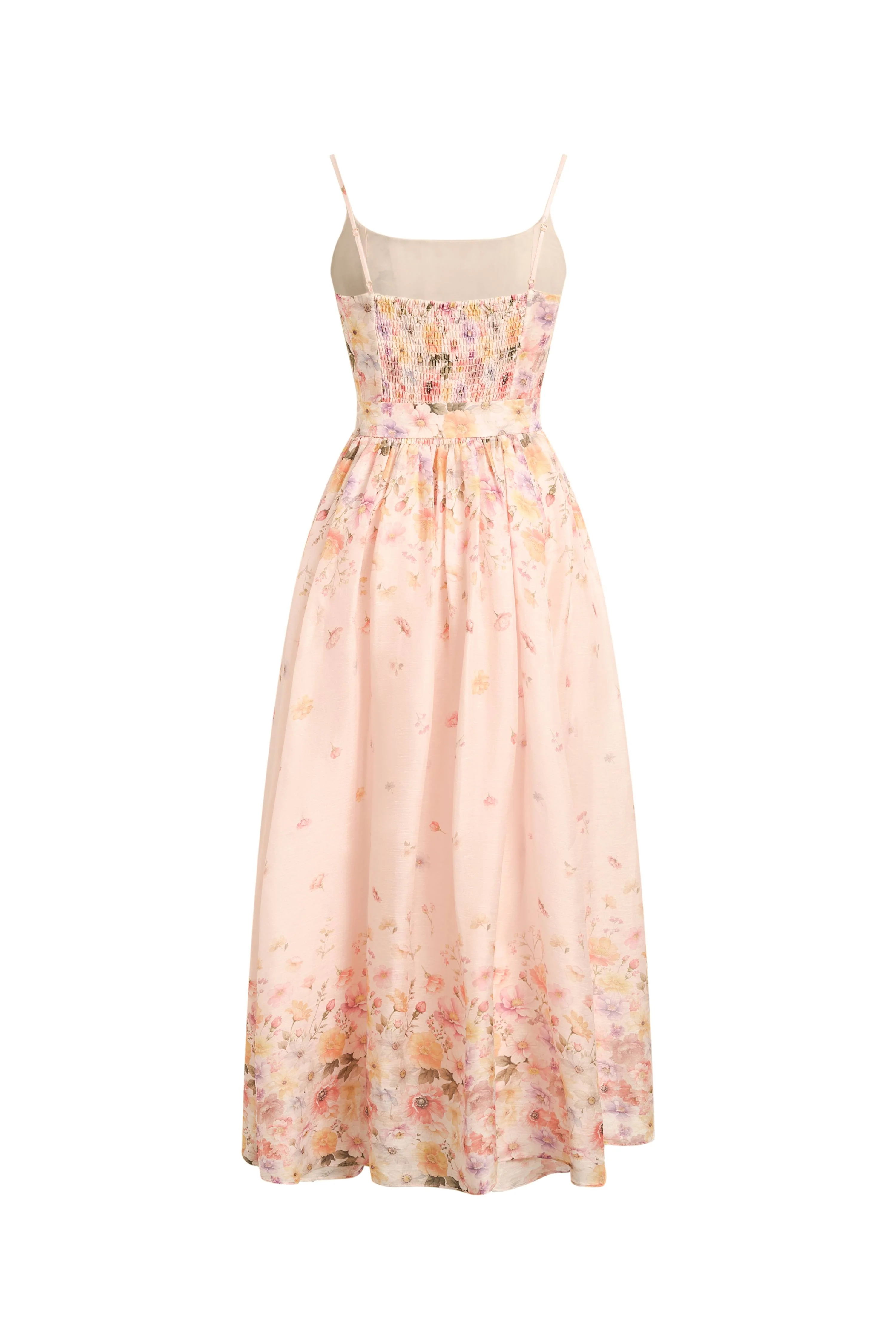 Lilac Handpainted Floral Smocked Belted Strap Dress in Silk Linen Organza - Image 9
