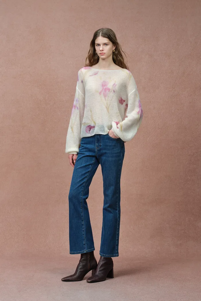 Lilia Hand Painted Iris and Lily Print Knit Sweater in Merino-Mohair Blend - Image 3