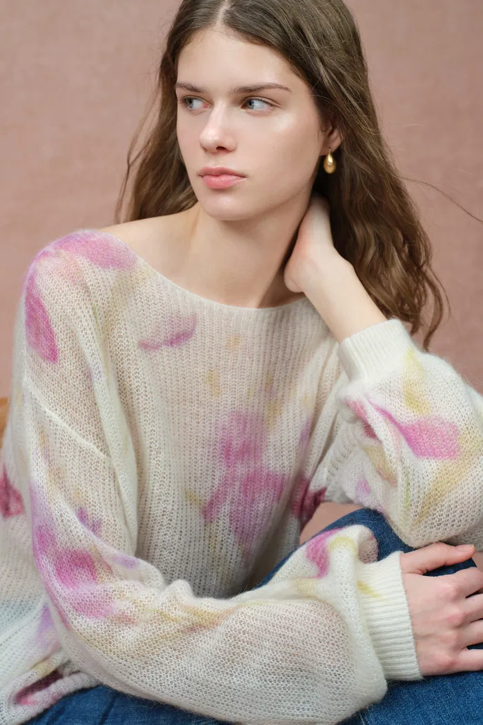 Lilia Hand Painted Iris and Lily Print Knit Sweater in Merino-Mohair Blend - Image 4