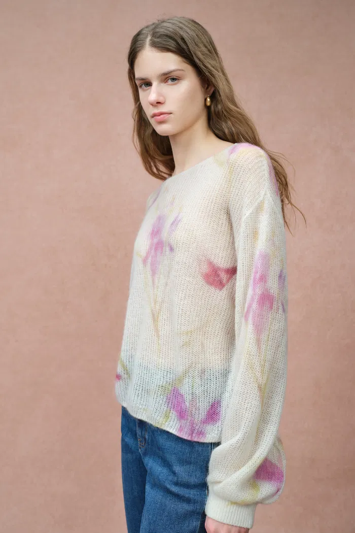 Lilia Hand Painted Iris and Lily Print Knit Sweater in Merino-Mohair Blend - Image 5