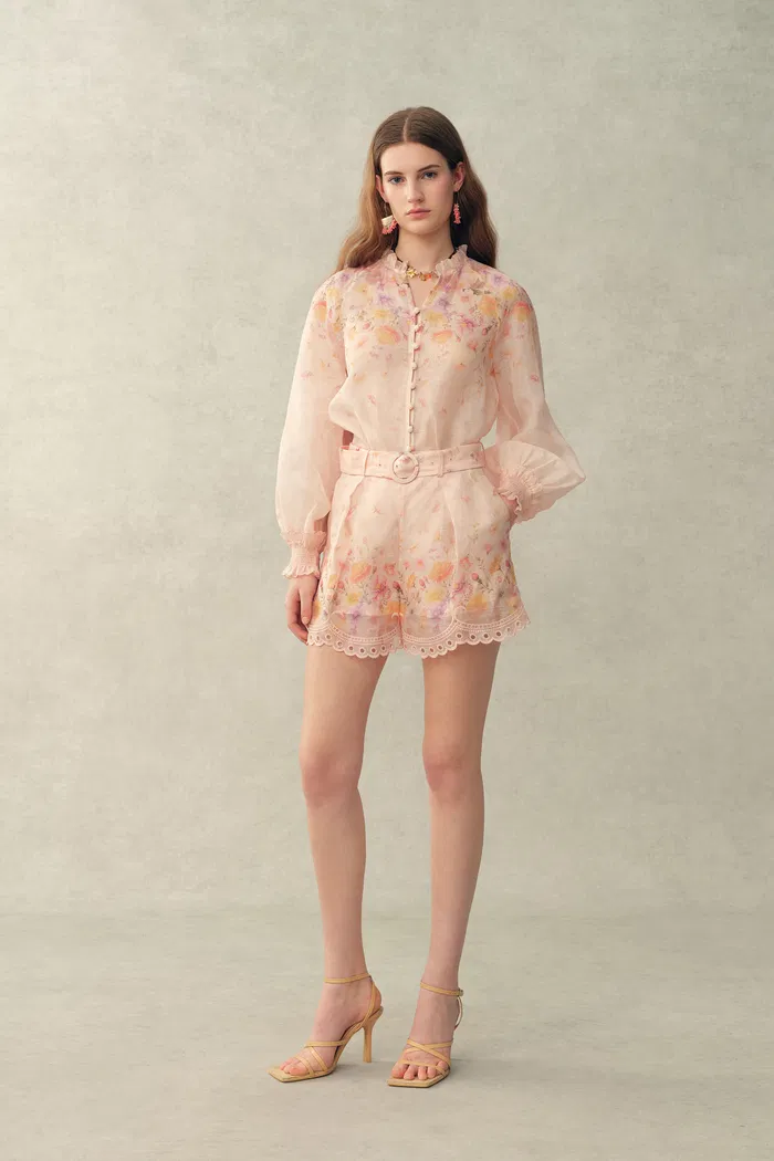 Lillian Handpainted Floral Embroidery Belted Shorts in Silk Linen Organza - Image 3