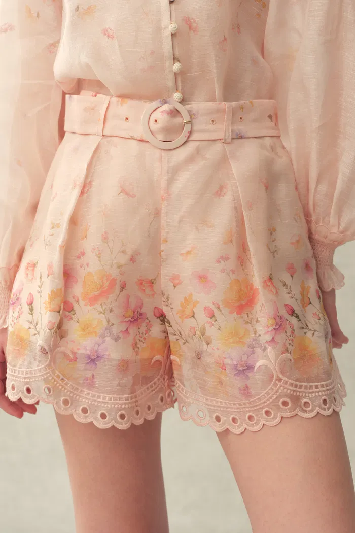 Lillian Handpainted Floral Embroidery Belted Shorts in Silk Linen Organza - Image 4