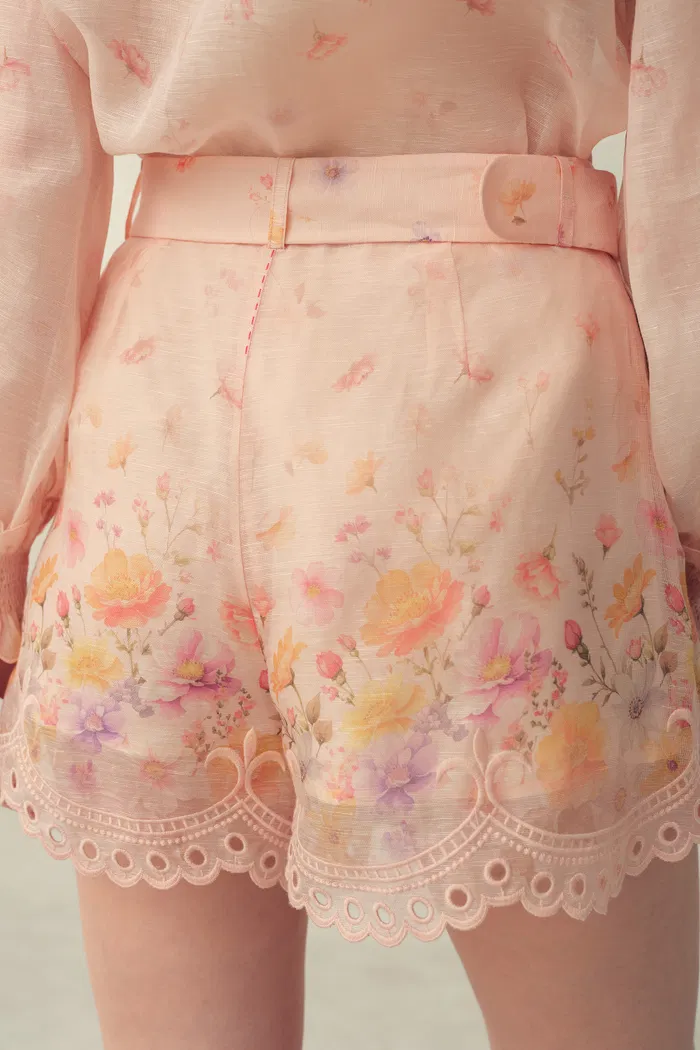 Lillian Handpainted Floral Embroidery Belted Shorts in Silk Linen Organza - Image 5