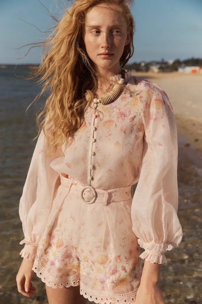 Lillian Handpainted Floral Embroidery Sheer Ombré Print Blouse and Shorts Set in Silk Linen Organza