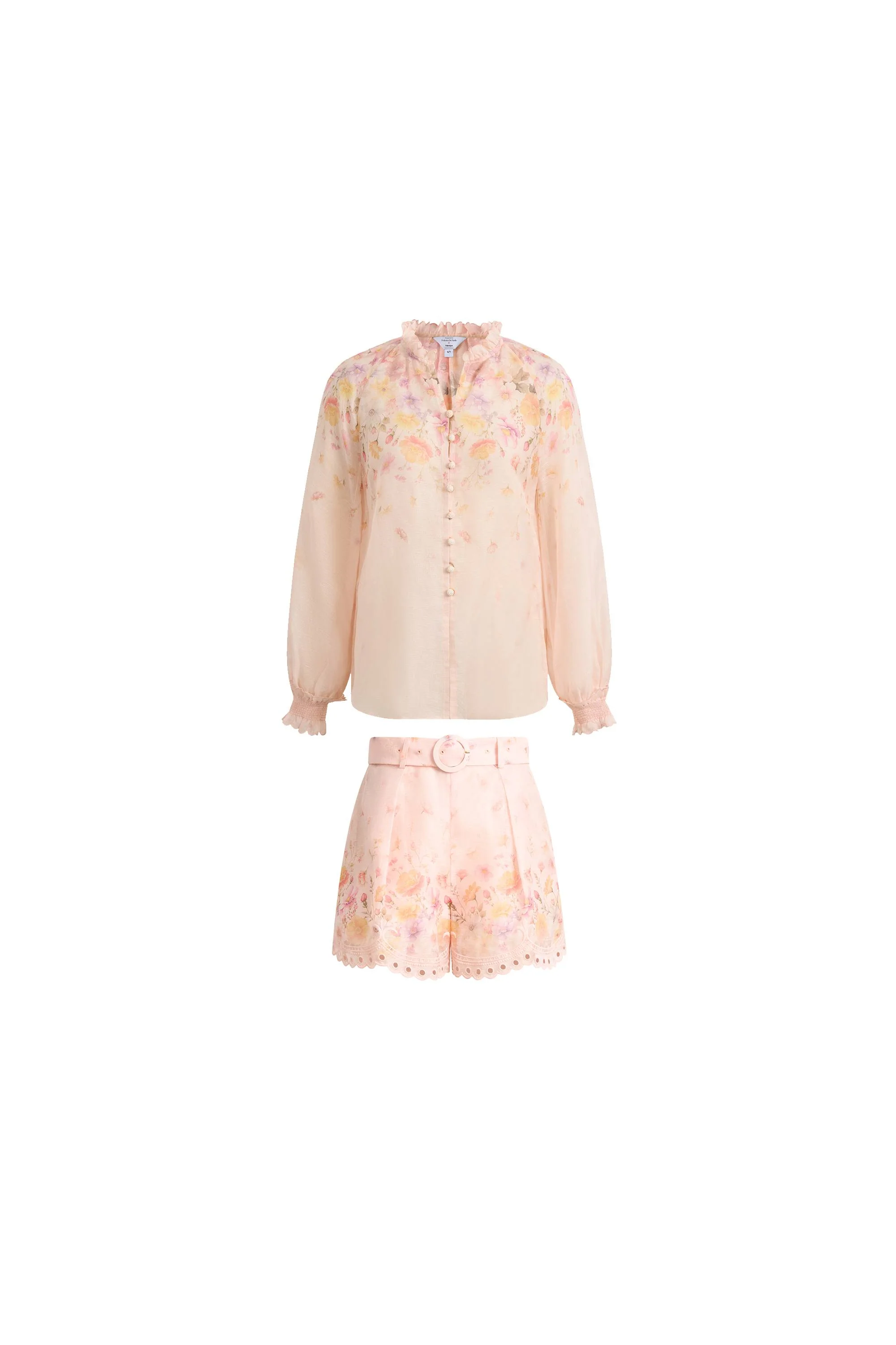 Lillian Handpainted Floral Embroidery Sheer Ombré Print Blouse and Shorts Set in Silk Linen Organza - Image 10
