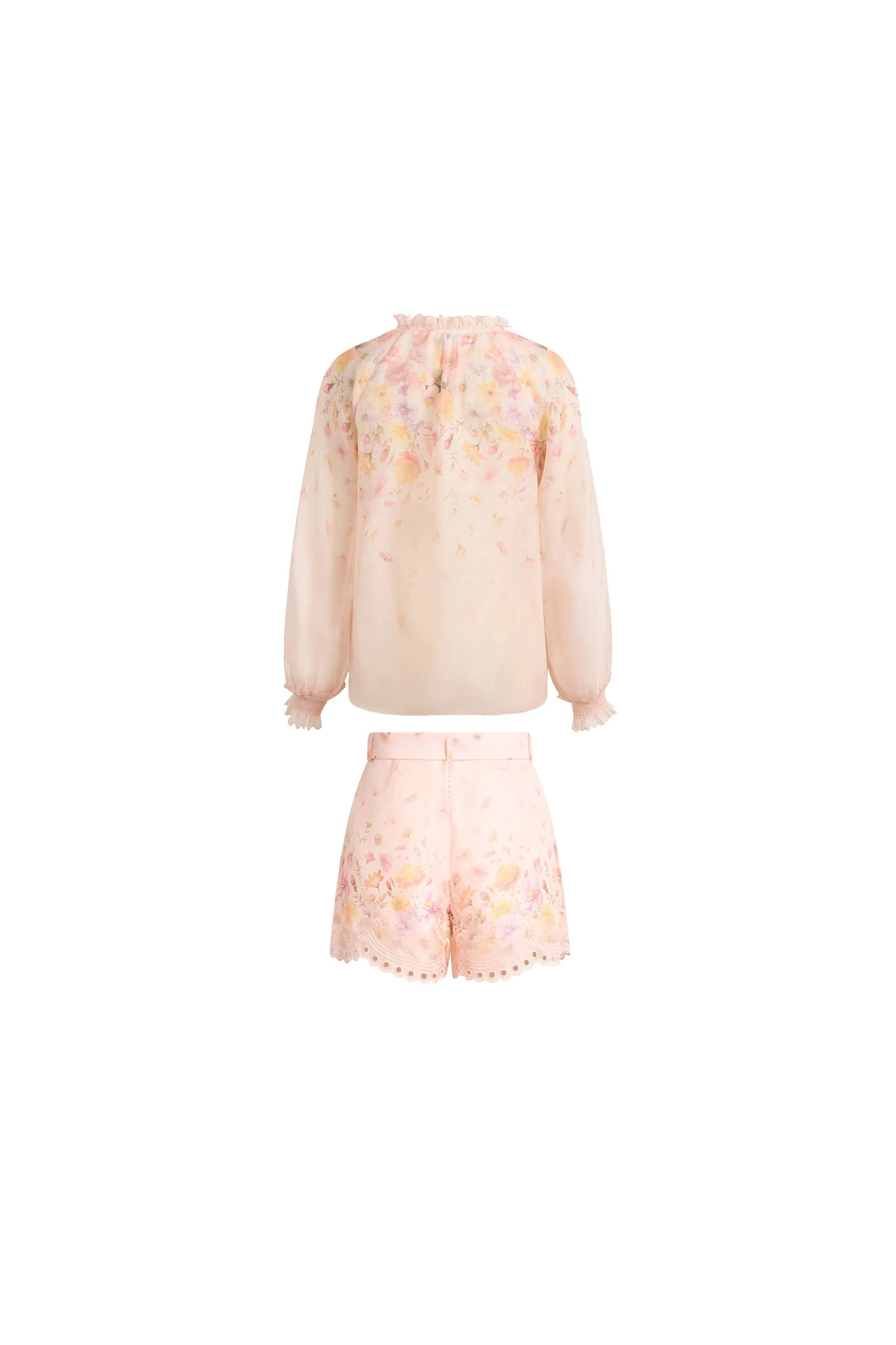 Lillian Handpainted Floral Embroidery Sheer Ombré Print Blouse and Shorts Set in Silk Linen Organza - Image 11