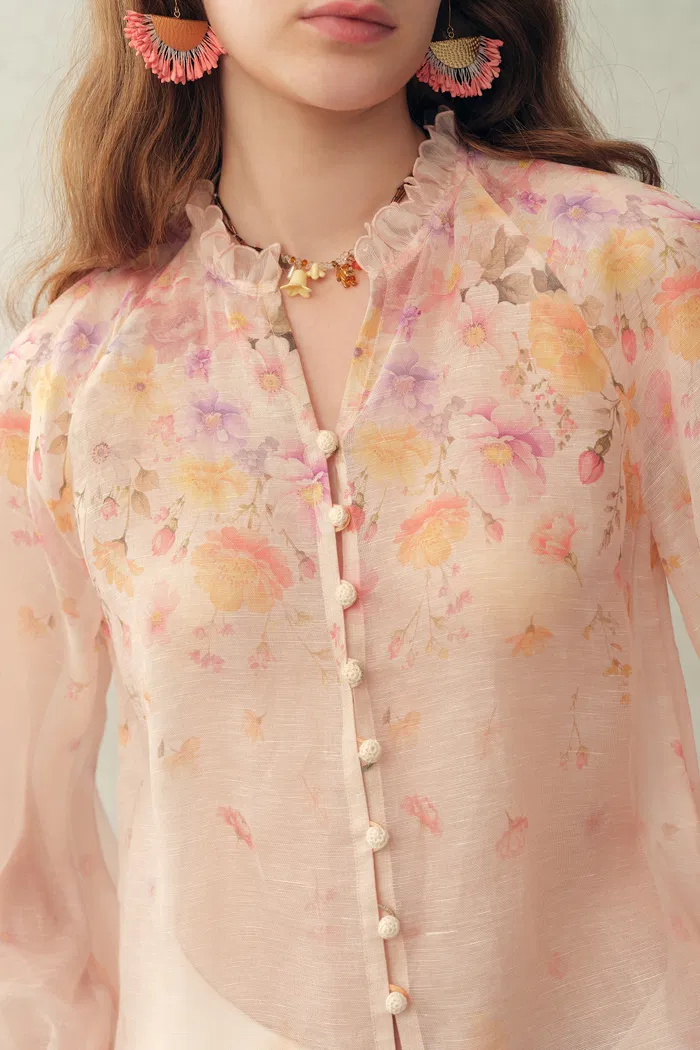 Lillian Handpainted Floral Embroidery Sheer Ombré Print Blouse and Shorts Set in Silk Linen Organza - Image 4