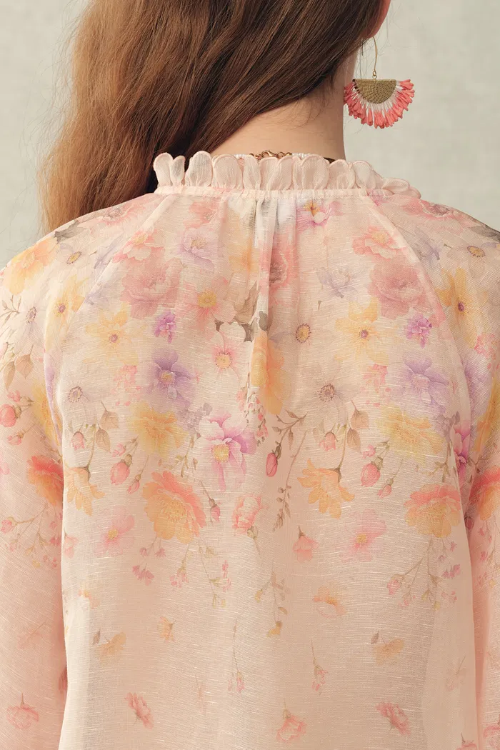 Lillian Handpainted Floral Embroidery Sheer Ombré Print Blouse and Shorts Set in Silk Linen Organza - Image 5