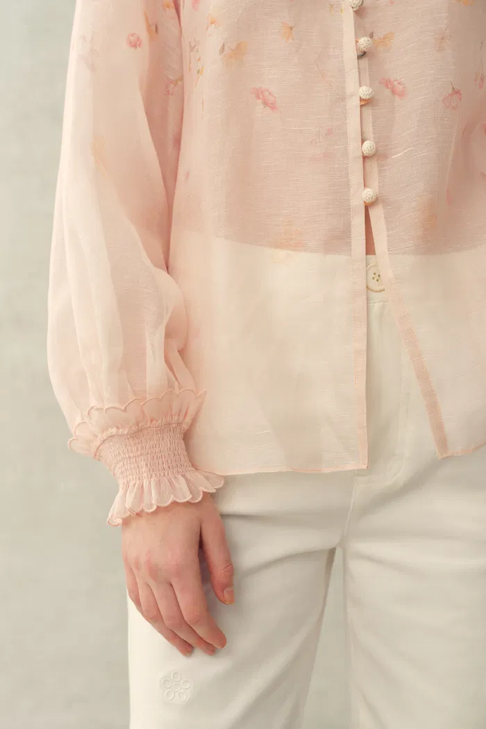 Lillian Handpainted Floral Embroidery Sheer Ombré Print Blouse and Shorts Set in Silk Linen Organza - Image 6