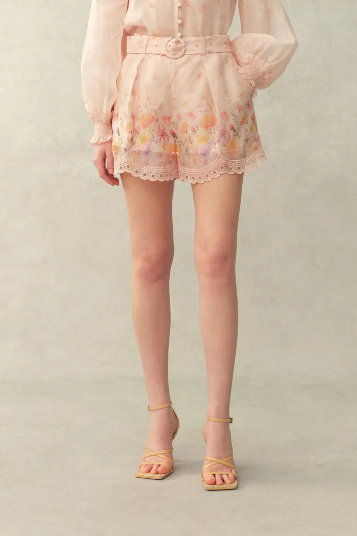 Lillian Handpainted Floral Embroidery Sheer Ombré Print Blouse and Shorts Set in Silk Linen Organza - Image 7