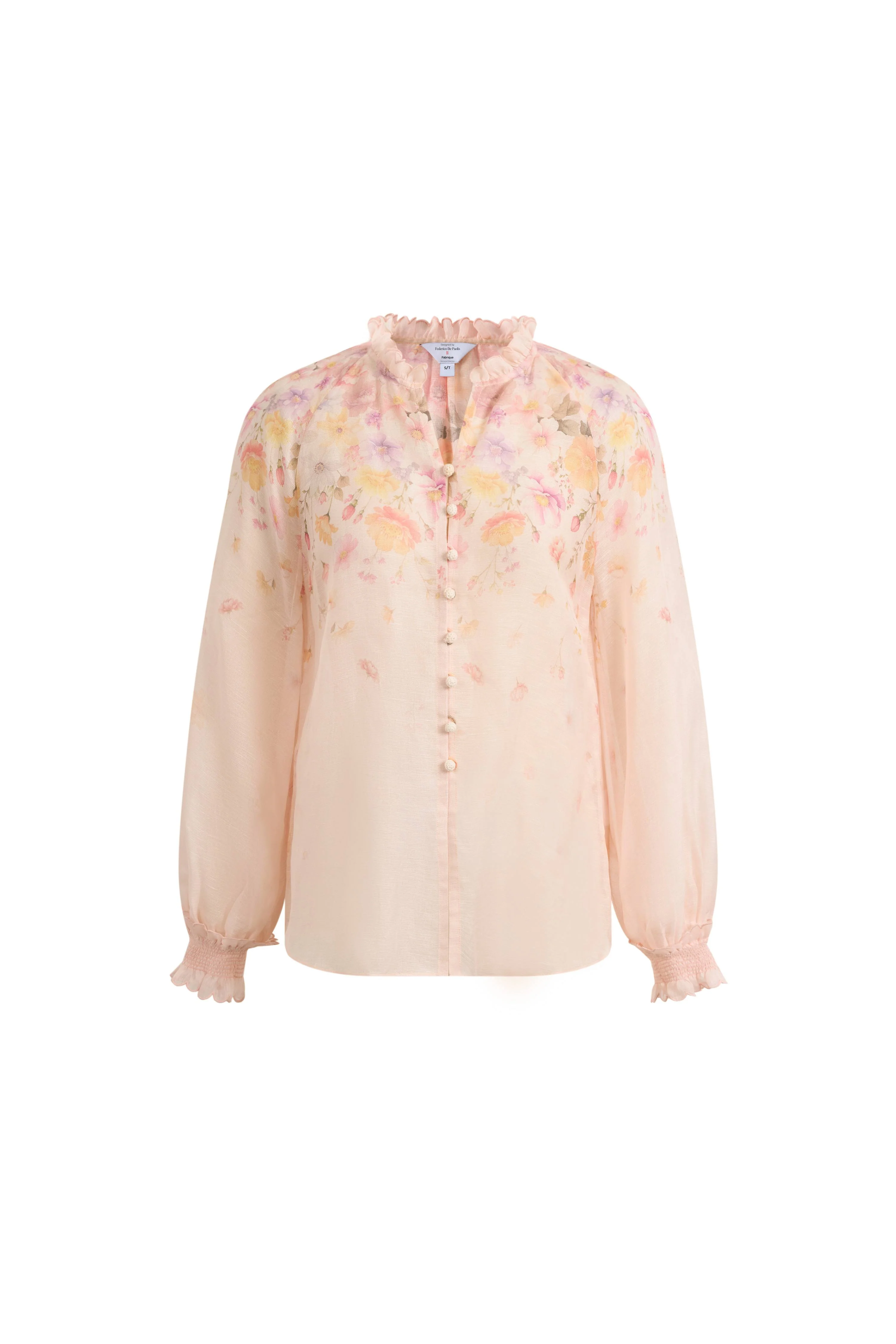 Lillian Handpainted Floral Embroidery Sheer Ombré Print Blouse in Silk Linen Organza - Image 8
