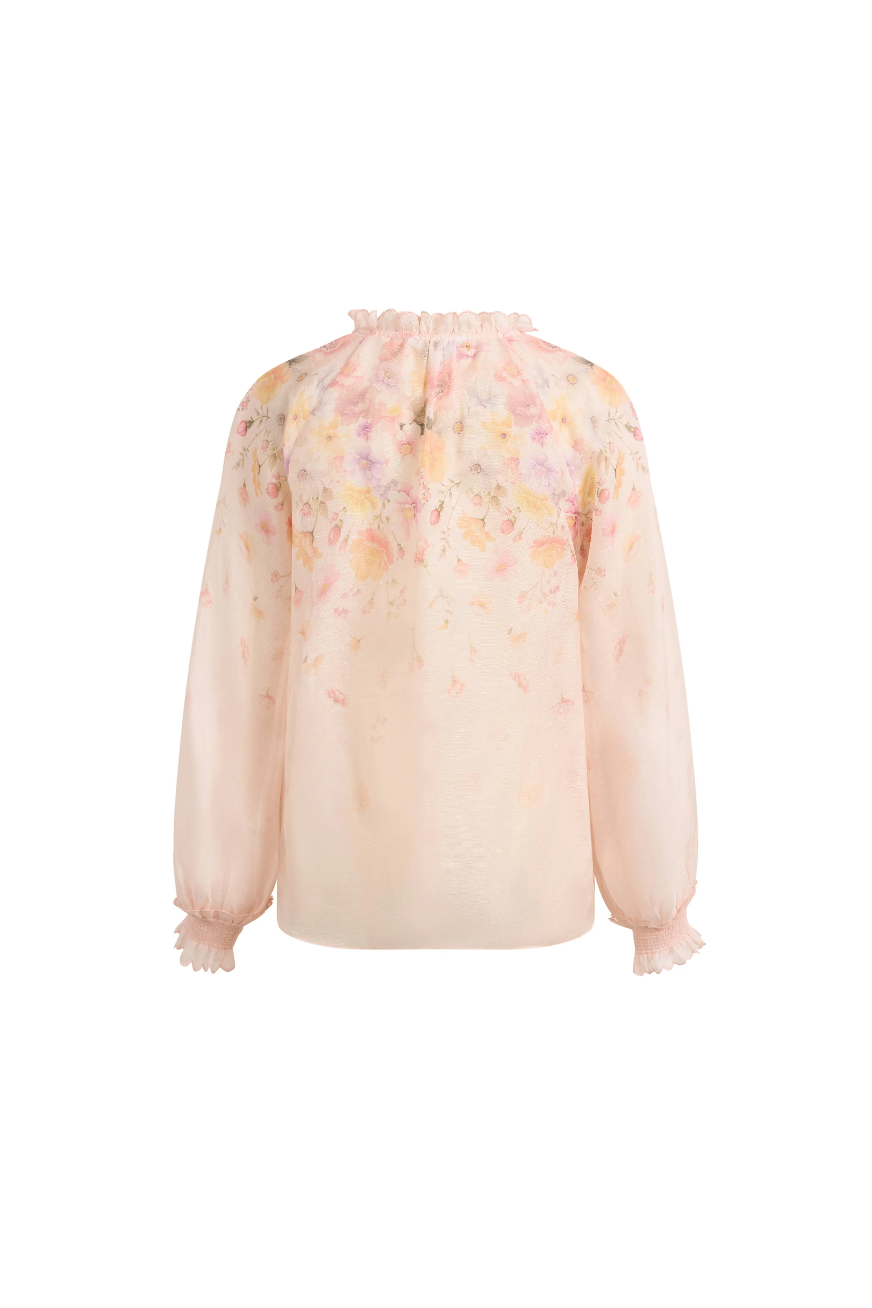 Lillian Handpainted Floral Embroidery Sheer Ombré Print Blouse in Silk Linen Organza - Image 9