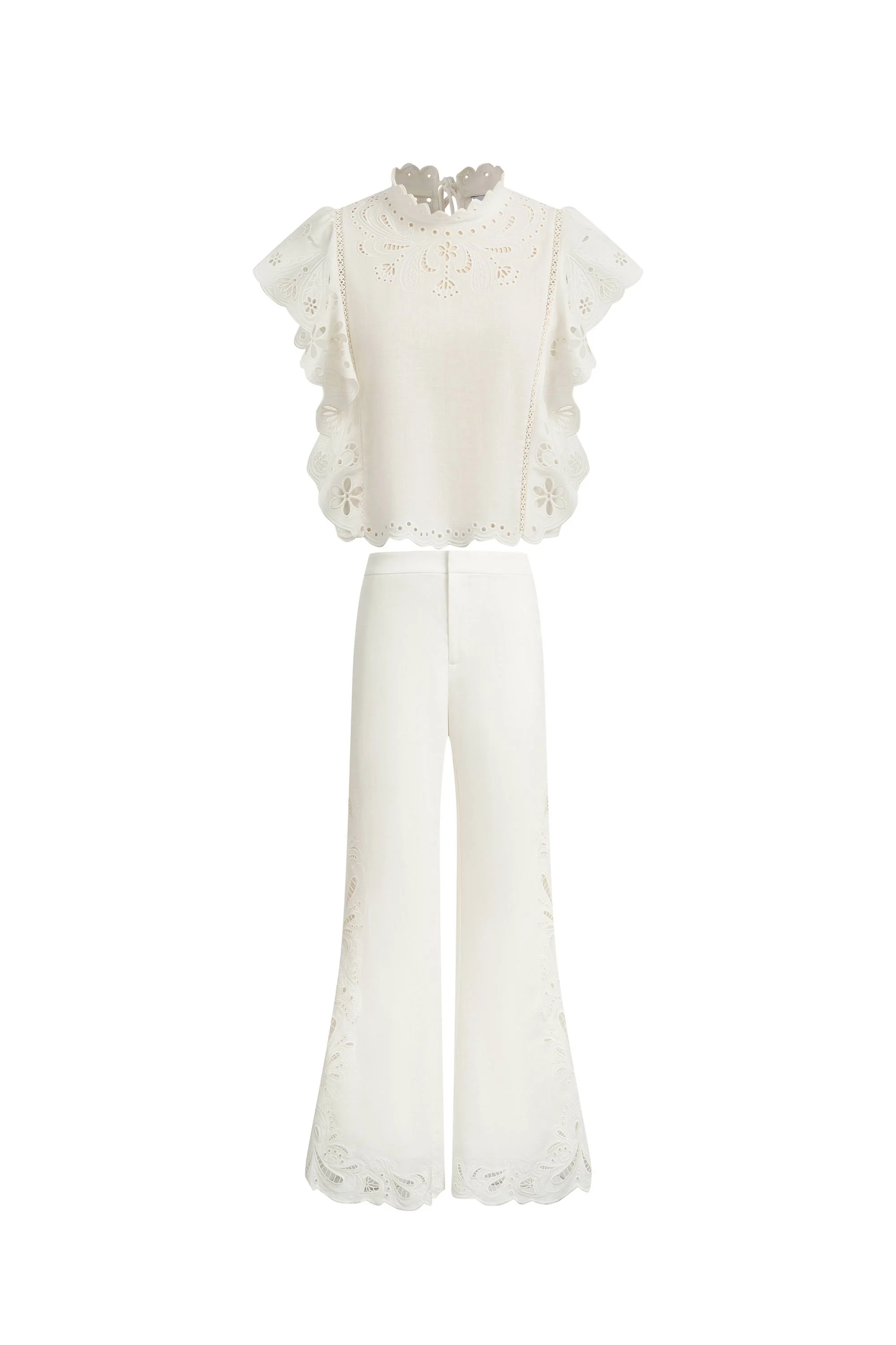 Lilou French Cutwork Embroidery Ruffle-Sleeve Top and Pants Matching Set in Cotton & Linen - Image 11