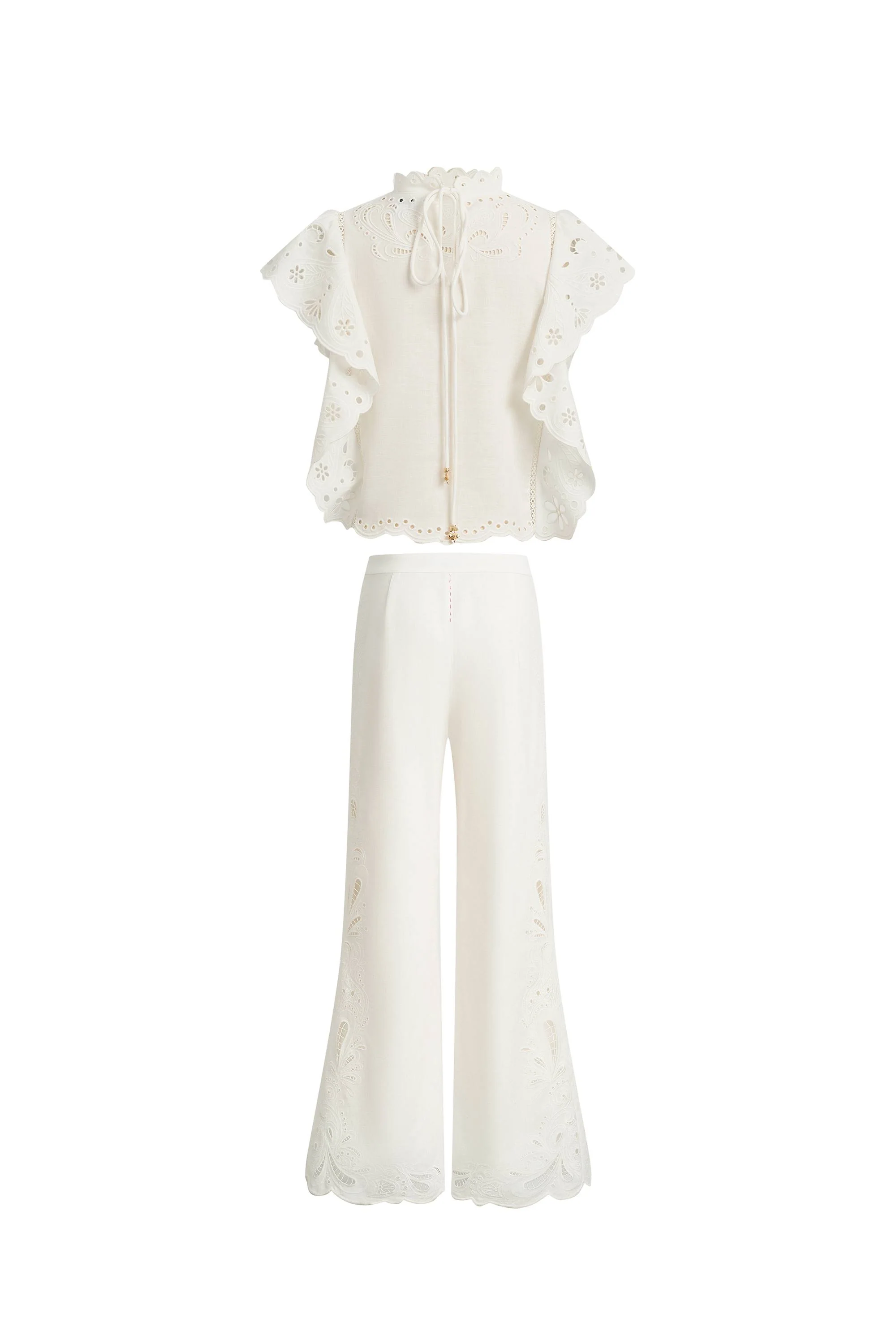 Lilou French Cutwork Embroidery Ruffle-Sleeve Top and Pants Matching Set in Cotton & Linen - Image 12
