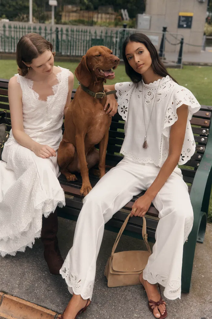 Lilou French Cutwork Embroidery Ruffle-Sleeve Top and Pants Matching Set in Cotton & Linen - Image 2