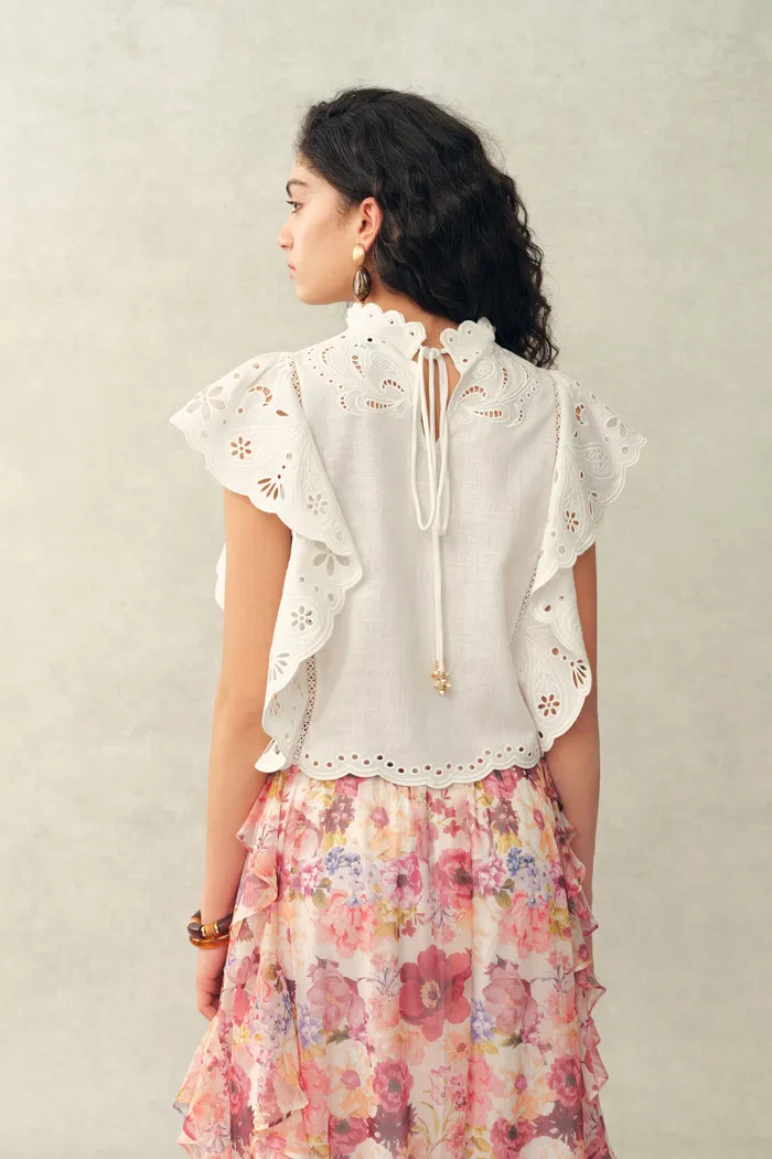 Lilou French Cutwork Embroidery Ruffle-Sleeve Top and Pants Matching Set in Cotton & Linen - Image 6