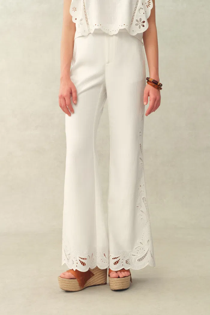 Lilou French Cutwork Embroidery Ruffle-Sleeve Top and Pants Matching Set in Cotton & Linen - Image 8