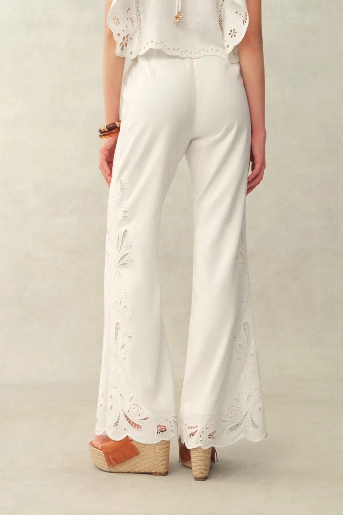 Lilou French Cutwork Embroidery Ruffle-Sleeve Top and Pants Matching Set in Cotton & Linen - Image 9