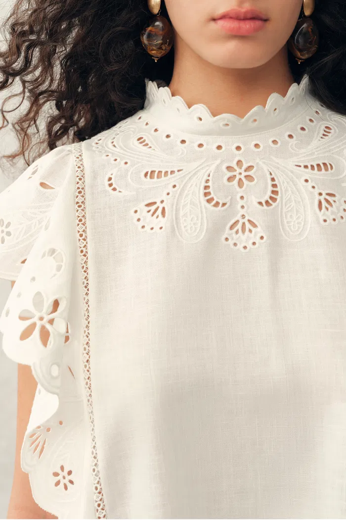 Lilou French Cutwork Embroidery Ruffle-Sleeve Top in Cotton & Linen - Image 10