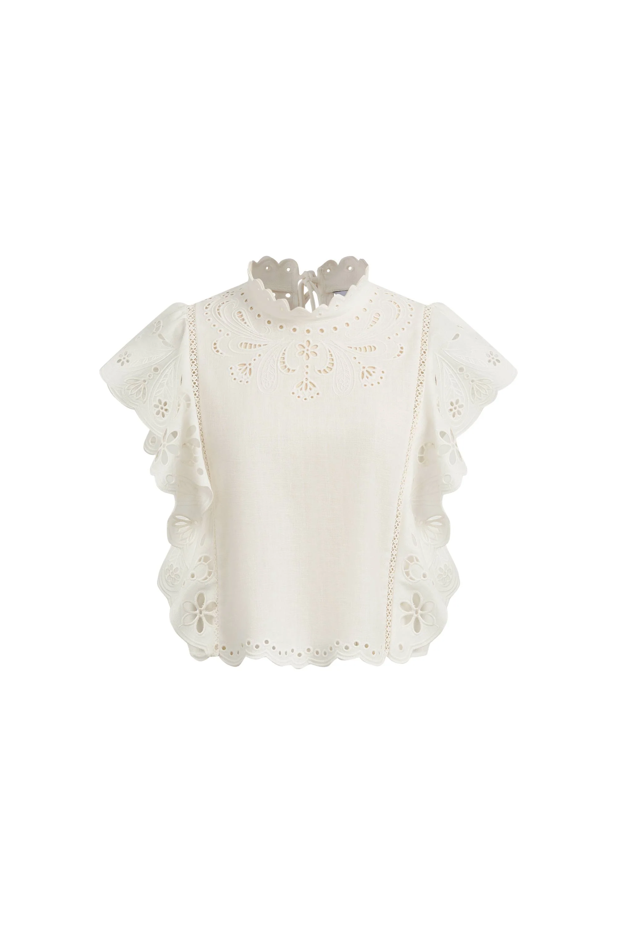 Lilou French Cutwork Embroidery Ruffle-Sleeve Top in Cotton & Linen - Image 11