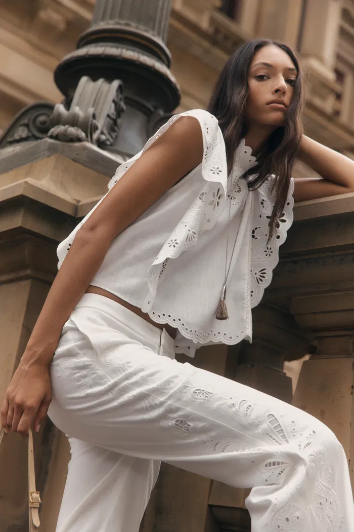 Lilou French Cutwork Embroidery Ruffle-Sleeve Top in Cotton & Linen - Image 4
