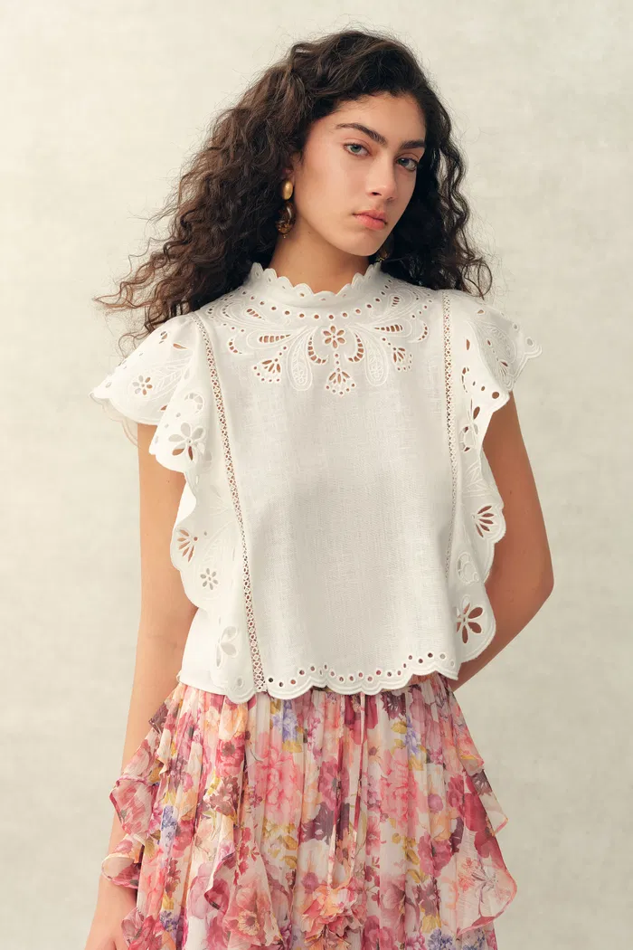 Lilou French Cutwork Embroidery Ruffle-Sleeve Top in Cotton & Linen - Image 6