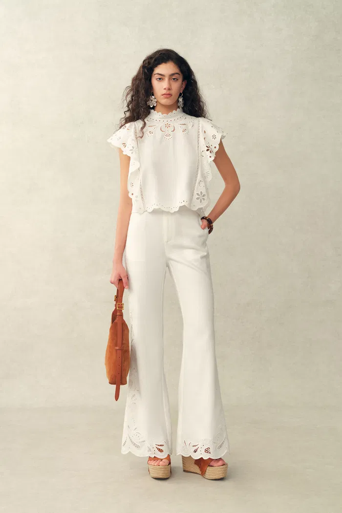 Lilou French Cutwork Embroidery Ruffle-Sleeve Top in Cotton & Linen - Image 7