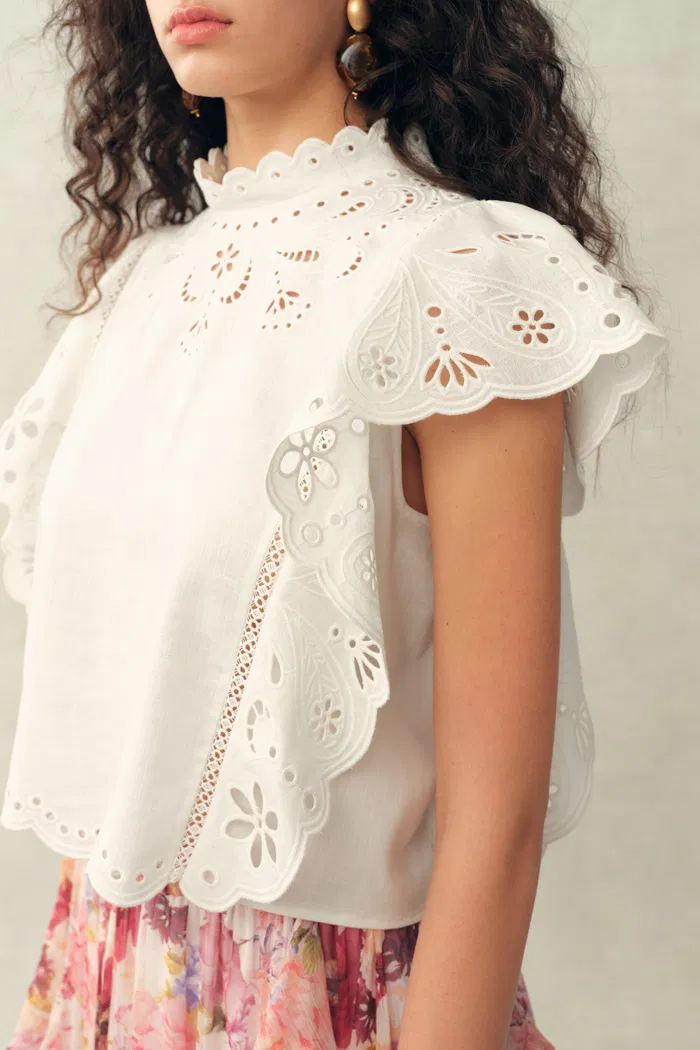 Lilou French Cutwork Embroidery Ruffle-Sleeve Top in Cotton & Linen - Image 9