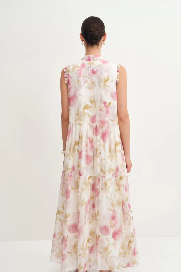 Lina Scarf Neck Flora Printed Dress in Silk-Linen Blend - Image 2
