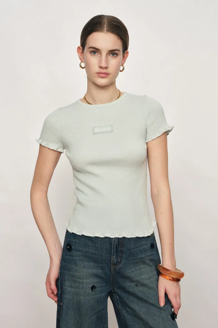 Linnea Mint Green Ruffled Sculpted T-shirt in Cotton Wool Knit - Image 2