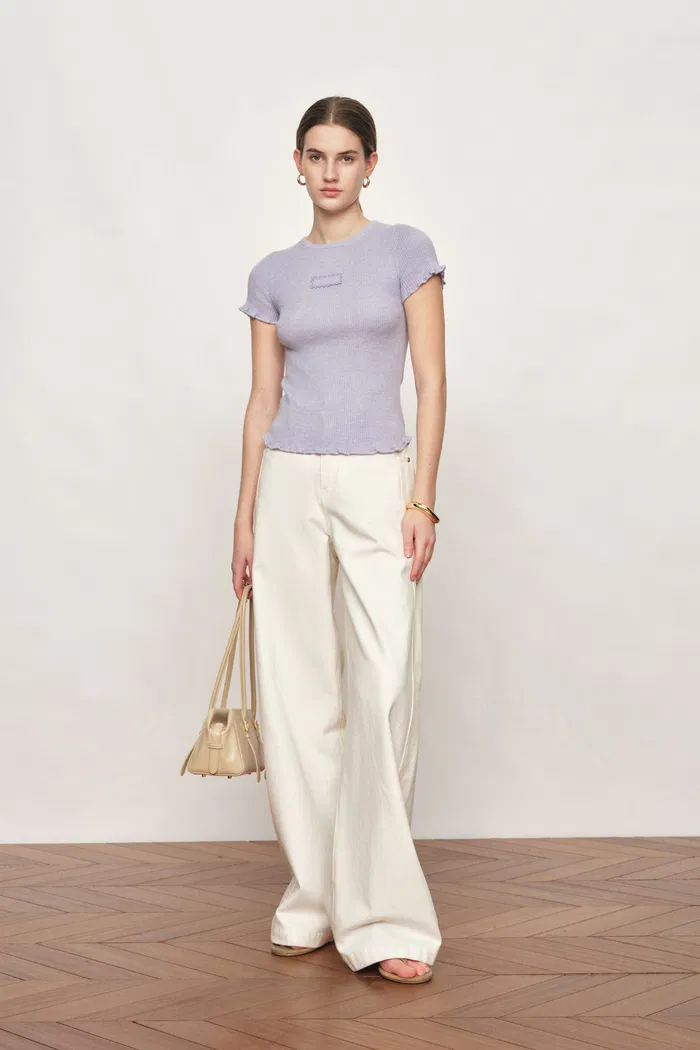 Linnea Ruffle-Edge Short-Sleeve Top in Cotton Wool Knit