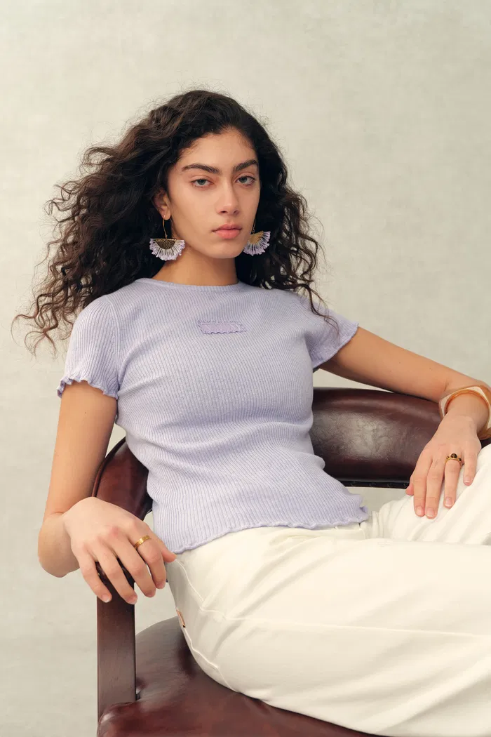 Linnea Ruffle-Edge Short-Sleeve Top in Cotton Wool Knit - Image 2