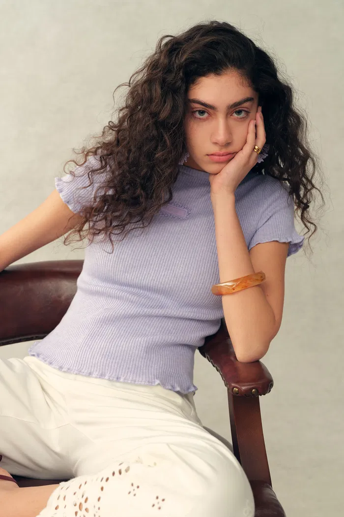 Linnea Ruffle-Edge Short-Sleeve Top in Cotton Wool Knit - Image 3