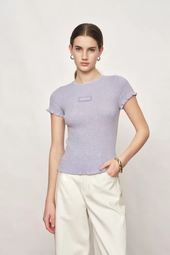 Linnea Ruffle-Edge Short-Sleeve Top in Cotton Wool Knit - Image 4