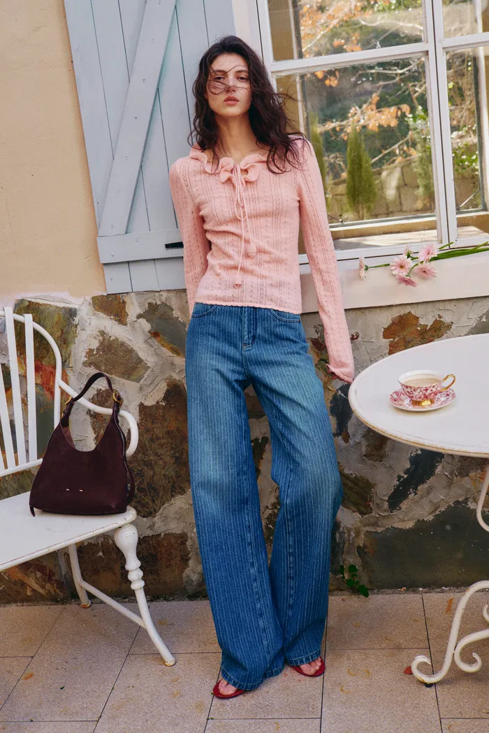 Liora Vertical Striped Straight Leg Jeans in Herringbone Denim - Image 2