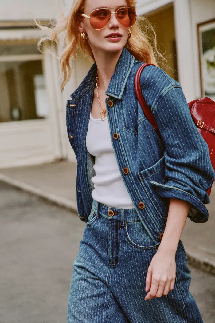 Liora Vertical Striped Straight Leg Jeans in Herringbone Denim - Image 4