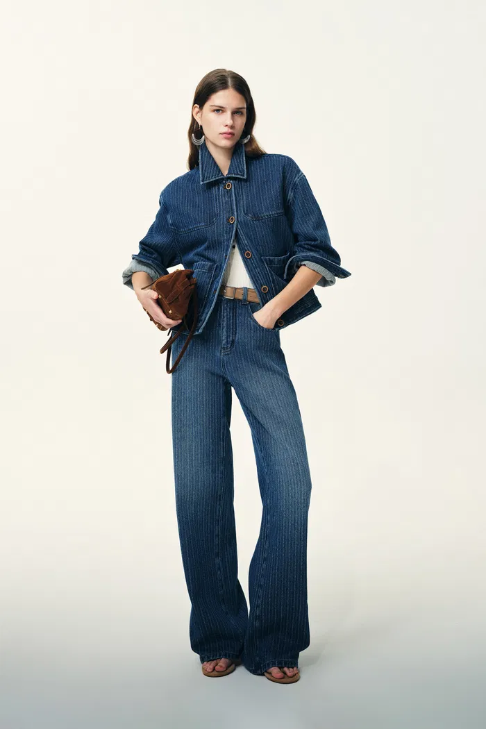 Liora Vertical Striped Straight Leg Jeans in Herringbone Denim - Image 5