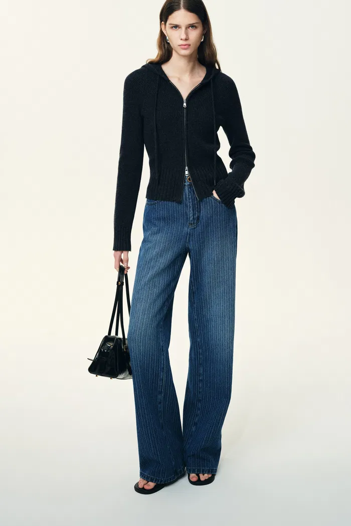 Liora Vertical Striped Straight Leg Jeans in Herringbone Denim - Image 6