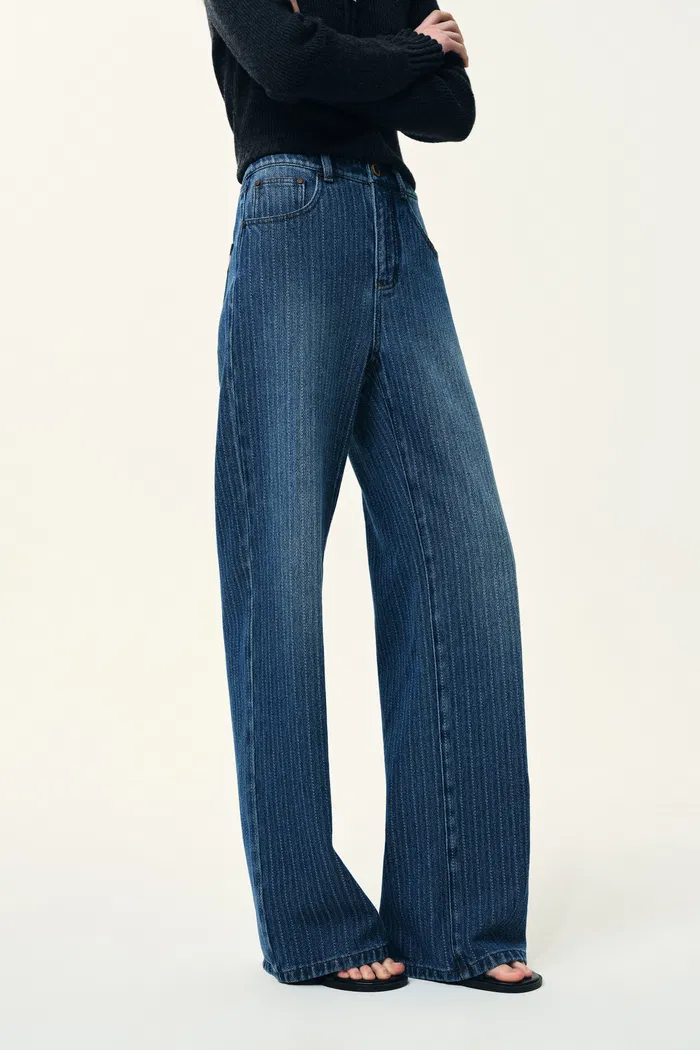 Liora Vertical Striped Straight Leg Jeans in Herringbone Denim - Image 7