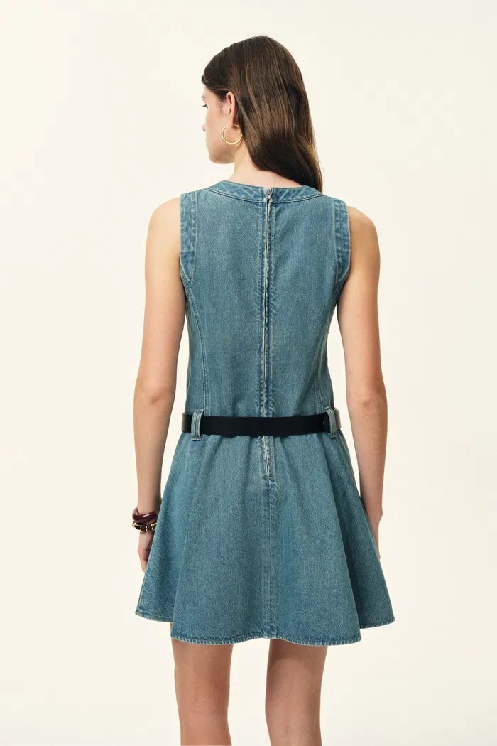 Lisa Lower Waist Belted Sleeveless Dress in Washed Cotton Denim - Image 2