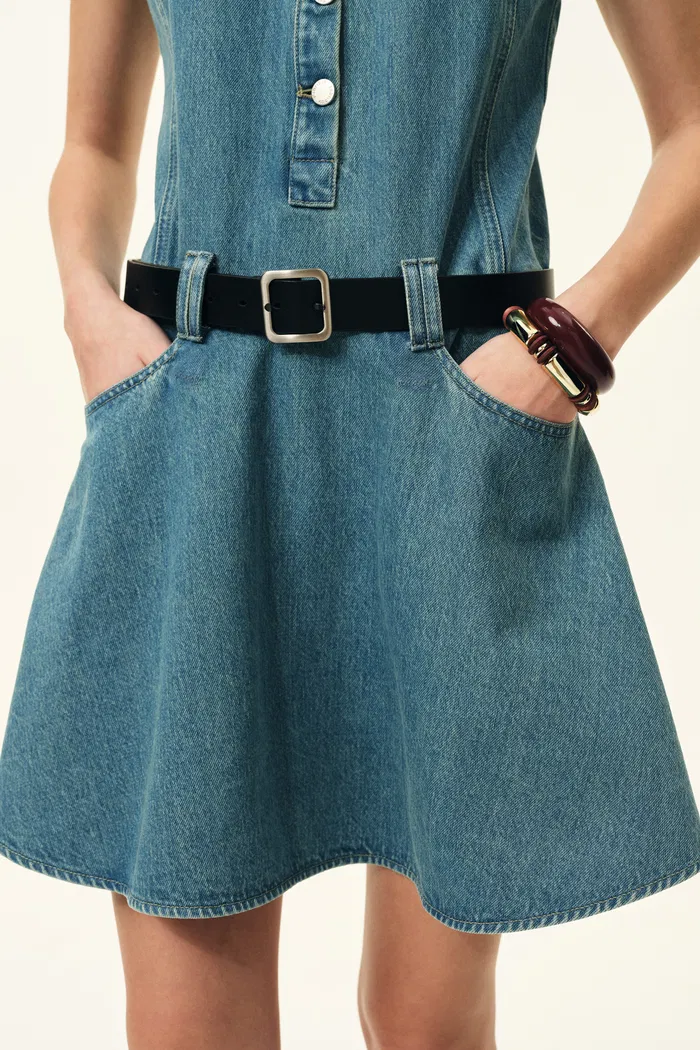 Lisa Lower Waist Belted Sleeveless Dress in Washed Cotton Denim - Image 4