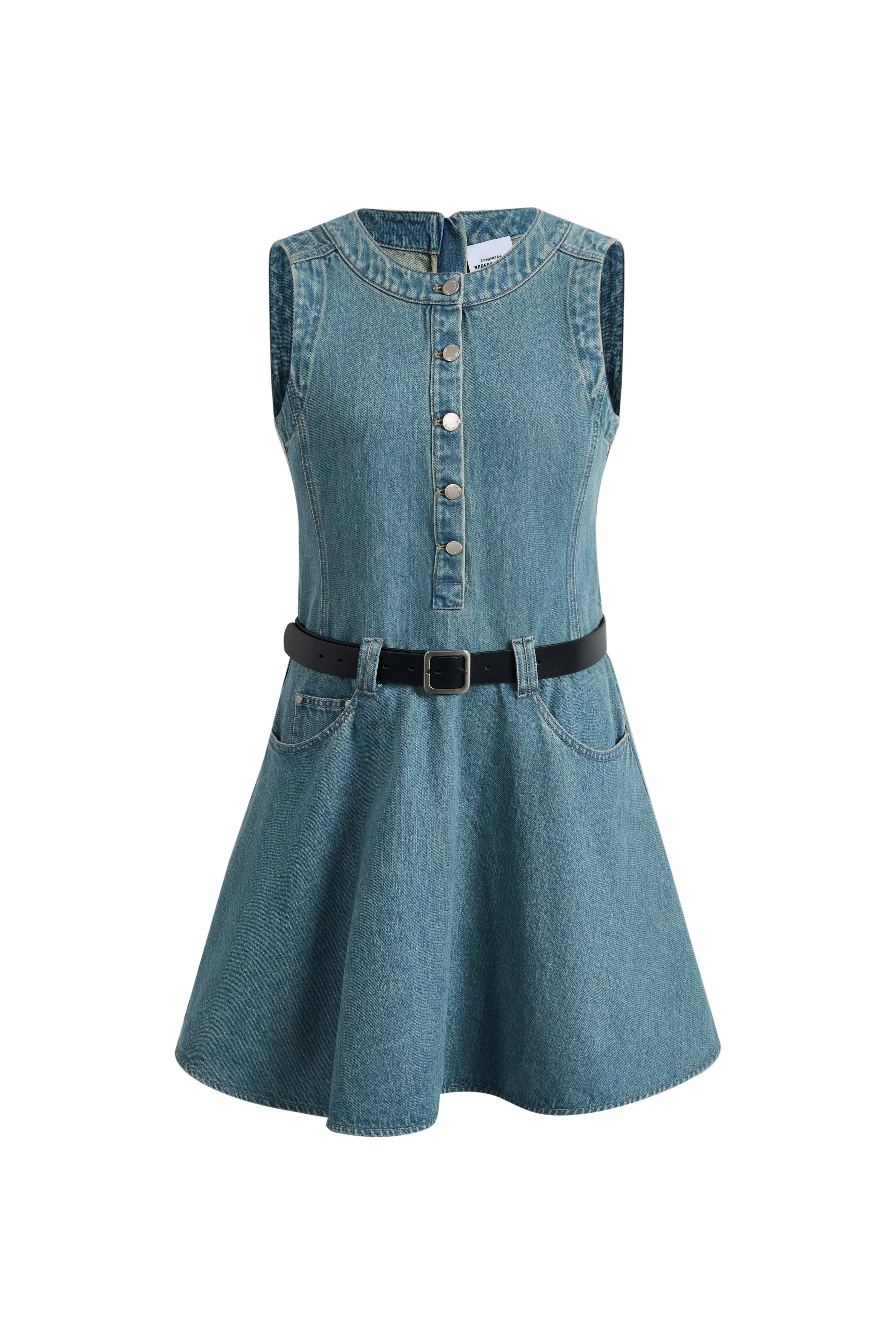 Lisa Lower Waist Belted Sleeveless Dress in Washed Cotton Denim - Image 5