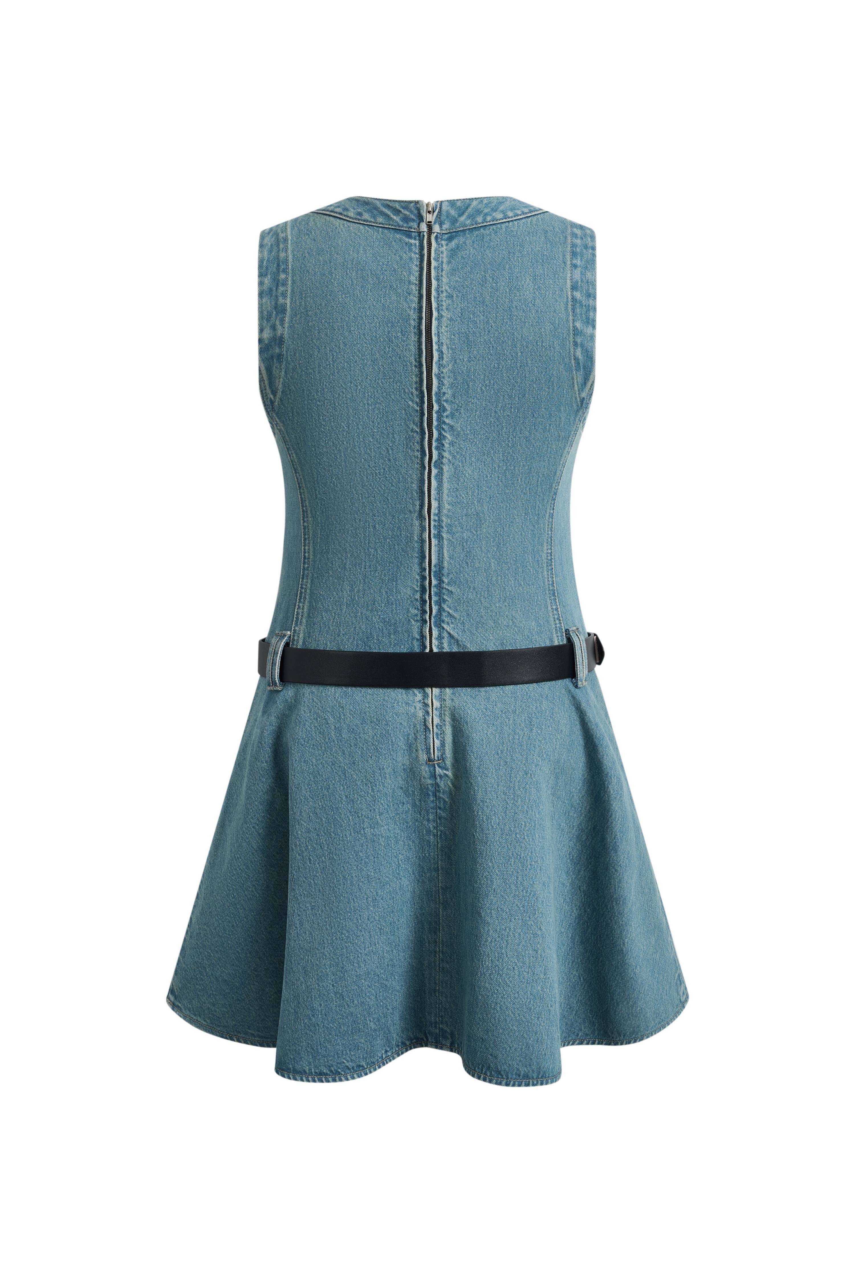 Lisa Lower Waist Belted Sleeveless Dress in Washed Cotton Denim - Image 6