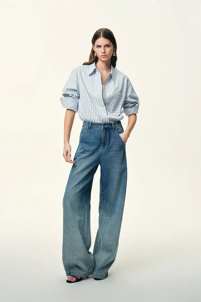 Lismore Contrast Embroidery Striped Shirt in Textured Crinkle Cotton